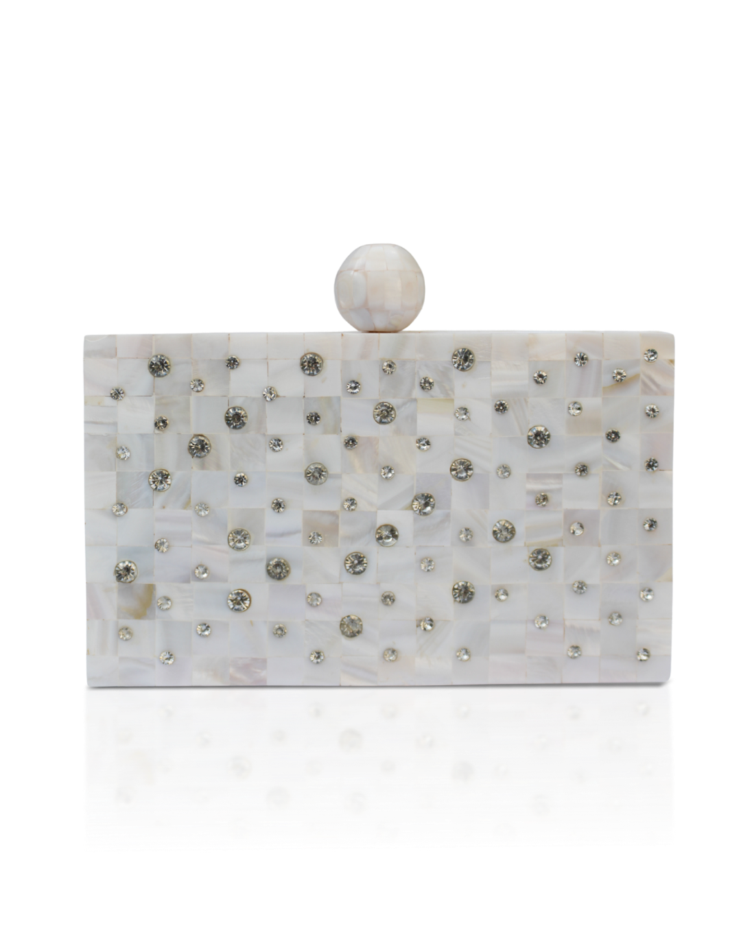 White clutch bag with decorative stones on a white background