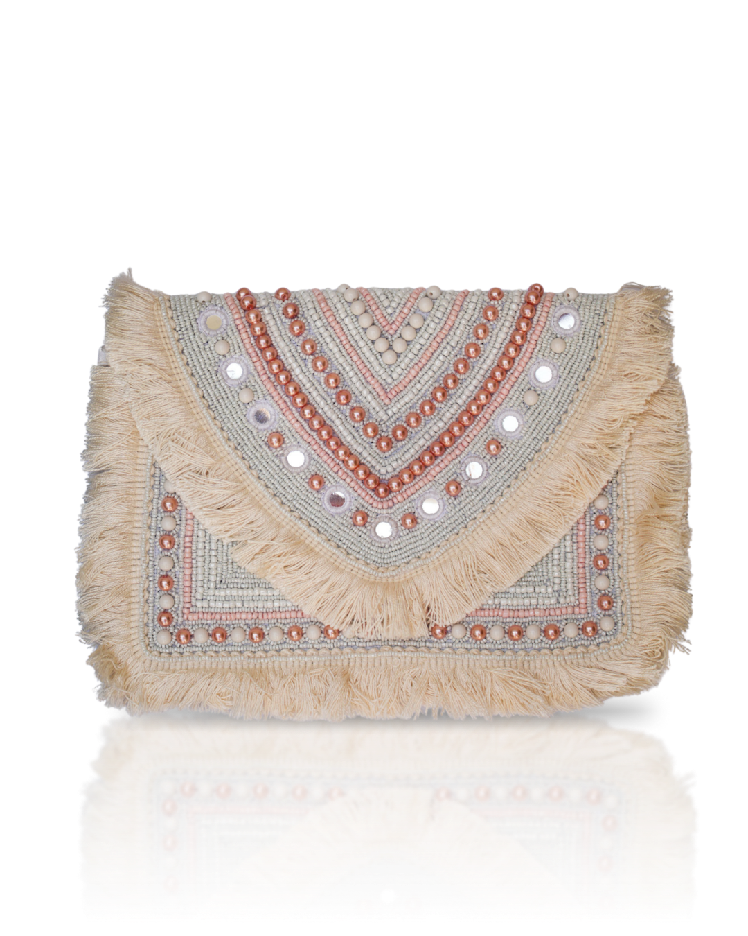 Decorative clutch bag with fringe and bead details 