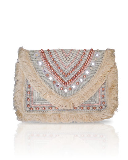 Decorative clutch bag with fringe and bead details 